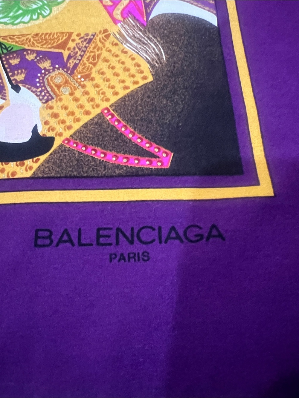 Balenciaga Purple and Gold Printed Silk Scarf. 100% silk - Picture 3 of 13